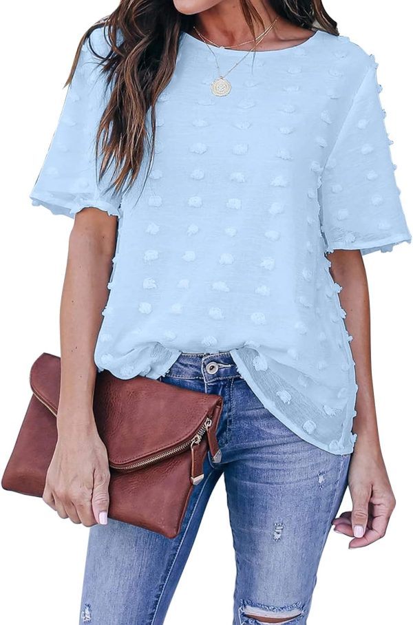 Womens Chiffon Blouse Summer Casual Round Neck Short Sleeve Pom Pom Shirts Top