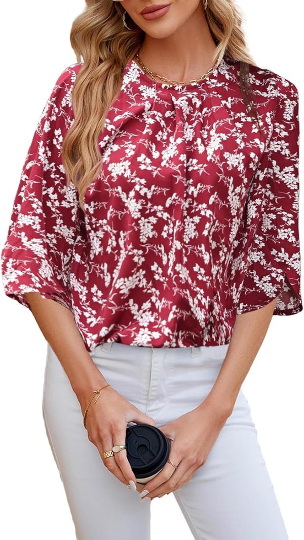 Women's Chiffon Blouse 3/4 Sleeve Crew Neck Loose Tops Casual Blouses Shirt