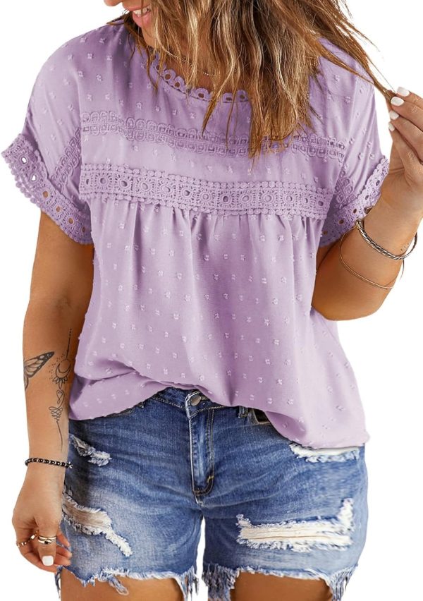 Women Plus Size Tops Crewneck Short Sleeve Lace Crochet Loose Casual Summer Blouses Shirts(1X-5X)