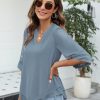 Womens 3/4 Sleeve Chiffon Blouses V Neck Double Layers Mesh Shirts Dressy Flowy Tunic Tops (M-5XL)