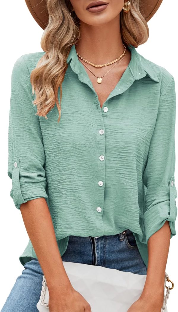Womens Button Down Shirts V Neck Roll Up 3/4 Length Sleeve Tops Elegant Dressy Blouses Business Casual Outfits