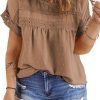 Women Plus Size Tops Crewneck Short Sleeve Lace Crochet Loose Casual Summer Blouses Shirts(1X-5X)