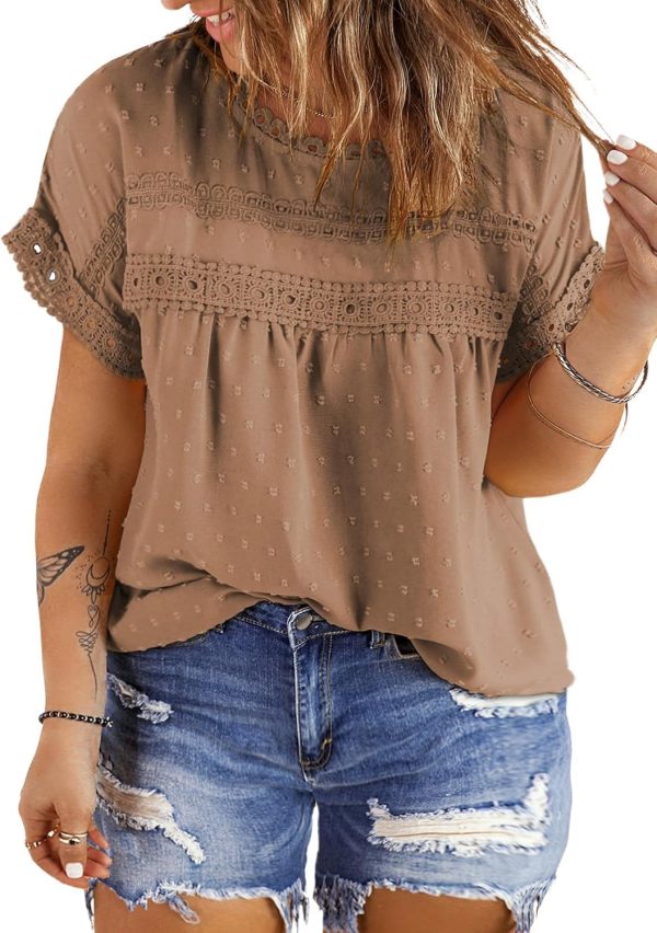 Women Plus Size Tops Crewneck Short Sleeve Lace Crochet Loose Casual Summer Blouses Shirts(1X-5X)