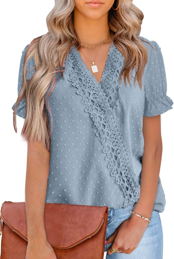 Chiffon Blouse for Womens Dressy Casual Short Sleeve Shirt V Neck Swiss Dot Top