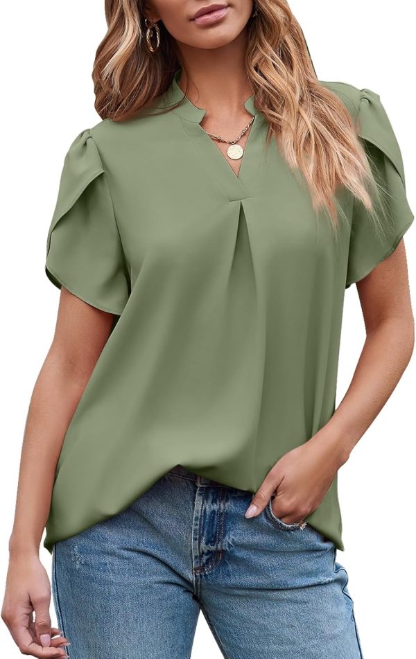 Women's Dressy Casual Business Work Chiffon Blouses Tops Summer V Neck Cute Loose Petal Short Sleeve T-Shirts