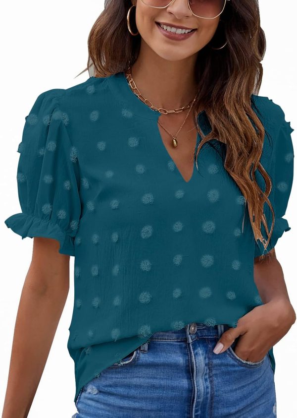 Womens Puff Sleeve Summer Tops Chiffon Short Sleeve Blouses White V Neck Pom Pom Shirts