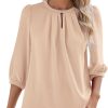 V Neck Puff 3/4 Length Sleeve Womens Tops Dressy Casual Chiffon Work Blouses Pleated T-Shirts Loose Fit S-XXL