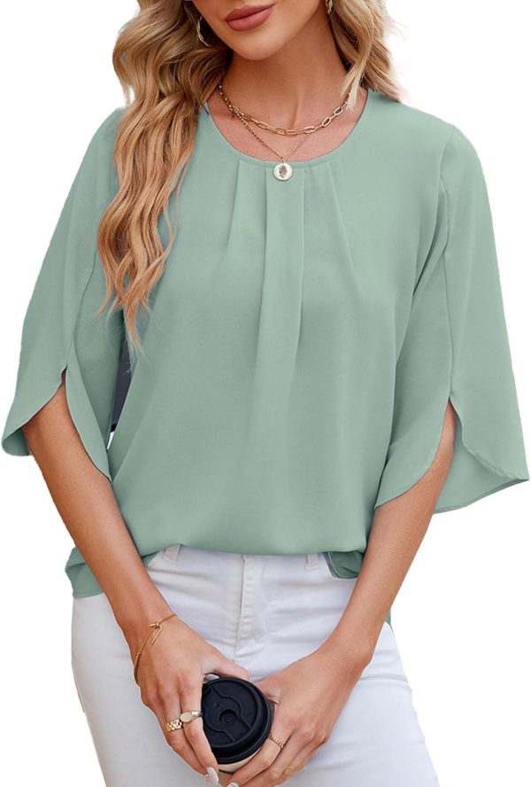 Women's Chiffon Blouse 3/4 Sleeve Crew Neck Loose Tops Casual Blouses Shirt