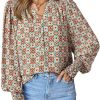 Women's Casual V Neck Easel Floral Print Long Sleeve Blouses Smocked Button Down Shirts Bohemian Top