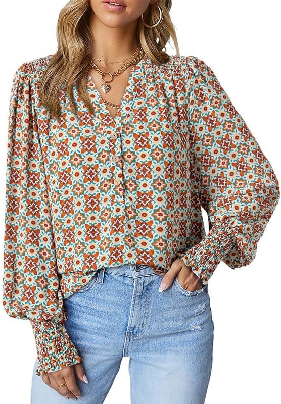 71VDqjk8b8L._AC.jpg Women's Casual V Neck Easel Floral Print Long Sleeve Blouses Smocked Button Down Shirts Bohemian Top