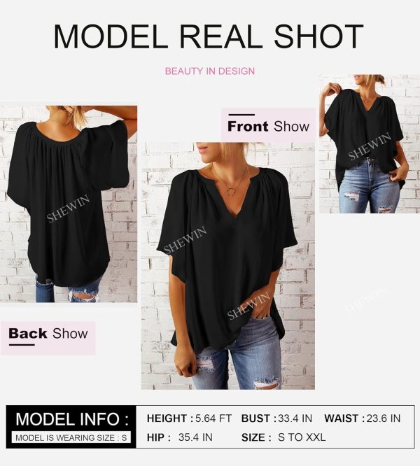 Womens Casual V Neck Loose 3/4 Bell Sleeve Chiffon Blouse Shirt Pleated Flowy Tunic Tops
