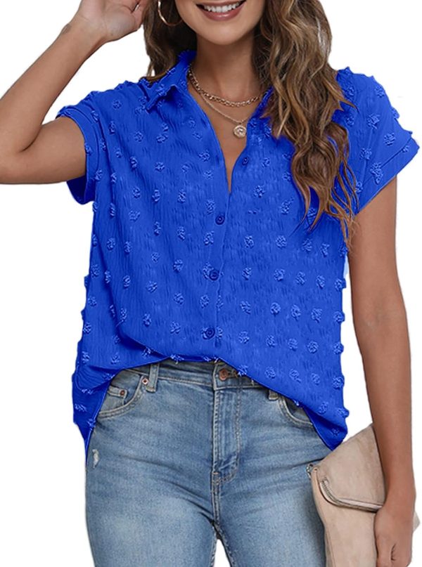Women White Button Down Shirt Dressy Casual Work Tops Chiffon Blouse Summer Short Sleeve Shirts