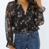Womens Casual Boho Floral Print V Neck Long Sleeve Blouses Button Down Shirts Dressy Chiffon Loose Ruffle Tops