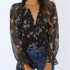 Womens Casual Boho Floral Print V Neck Long Sleeve Blouses Button Down Shirts Dressy Chiffon Loose Ruffle Tops
