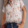 Womens Tops Summer Casual Boho Floral Print Short Sleeve Half Button Down V Neck Chiffon Blouses Shirts