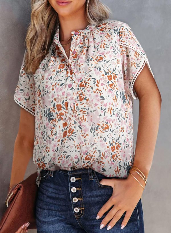 Womens Tops Summer Casual Boho Floral Print Short Sleeve Half Button Down V Neck Chiffon Blouses Shirts
