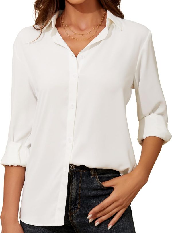 Womens Button Down Shirt Long Sleeve Classic Collared Tops Work Office Casual Chiffon Blouse