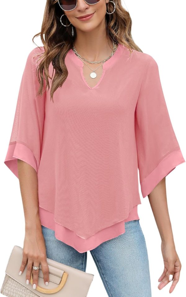 Womens 3/4 Sleeve Chiffon Blouses V Neck Double Layers Mesh Shirts Dressy Flowy Tunic Tops (M-5XL)