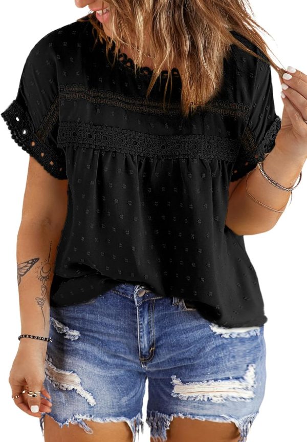 Women Plus Size Tops Crewneck Short Sleeve Lace Crochet Loose Casual Summer Blouses Shirts(1X-5X)