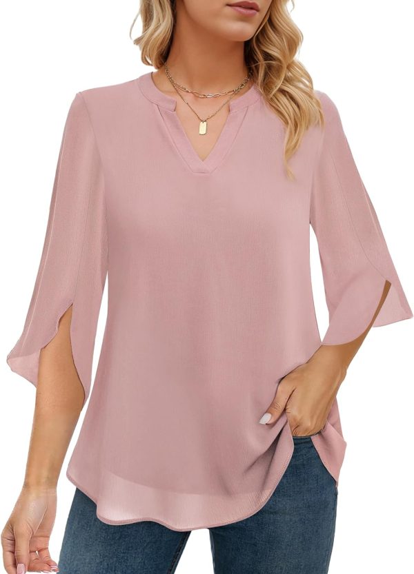 71eL1rKvokL._AC_SL1500.jpg Women's 3/4 Sleeve Chiffon Blouses for Women Dressy Casual, V Neck Double Layers Chiffon Blouses 2024, Tunic Tops