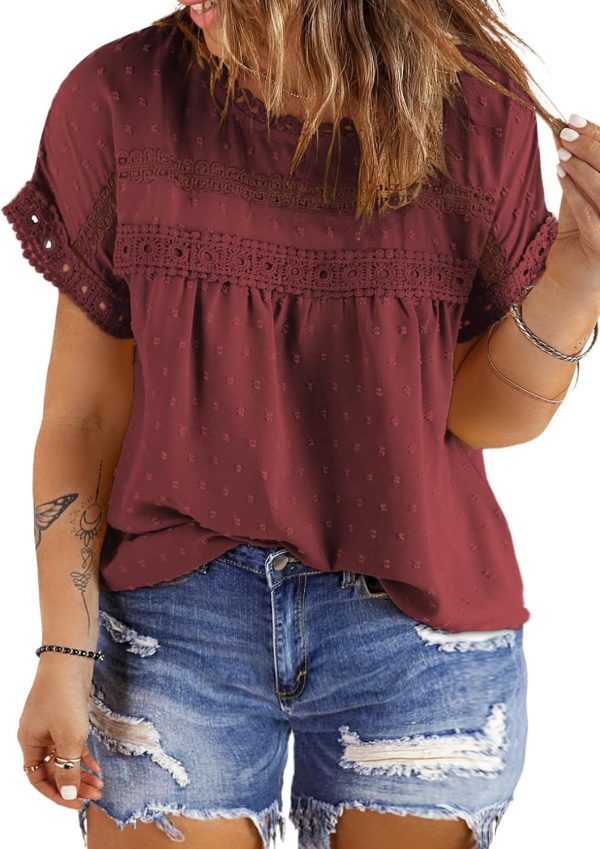 Women Plus Size Tops Crewneck Short Sleeve Lace Crochet Loose Casual Summer Blouses Shirts(1X-5X)