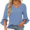 Chiffon Blouses for Women Ruffle 3/4 Sleeve Dressy V Neck Casual Flowy Tunic Tops