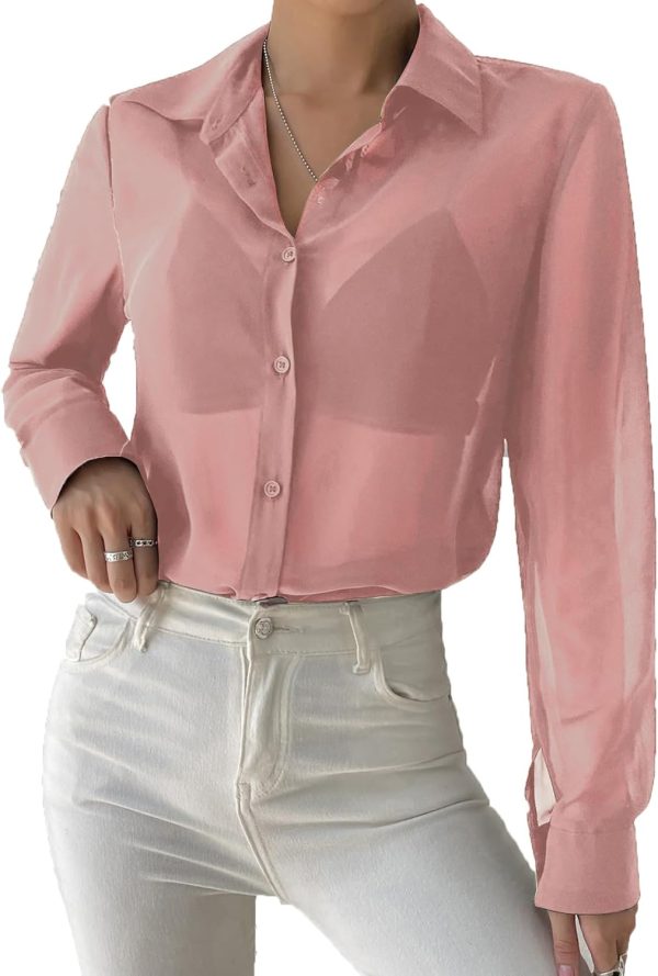 71egLi37nCL._AC_SL1500.jpg Women's Sheer Mesh Button Up Shirt Long Sleeve See Through Blouse