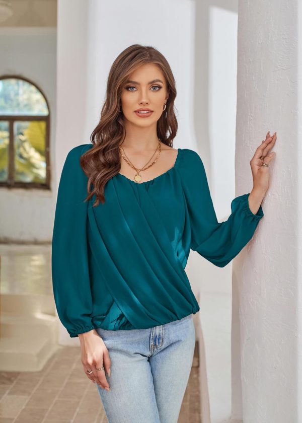 Women's Lantern Long Sleeve Tops 2024 Casual Loose Chiffon Shirts Criss Cross Ruffle Pleated Blouses