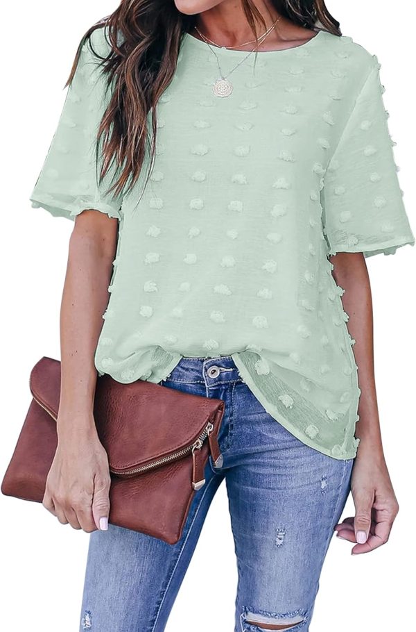 Womens Chiffon Blouse Summer Casual Round Neck Short Sleeve Pom Pom Shirts Top