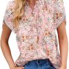 Womens Tops Summer Casual Boho Floral Print Short Sleeve Half Button Down V Neck Chiffon Blouses Shirts