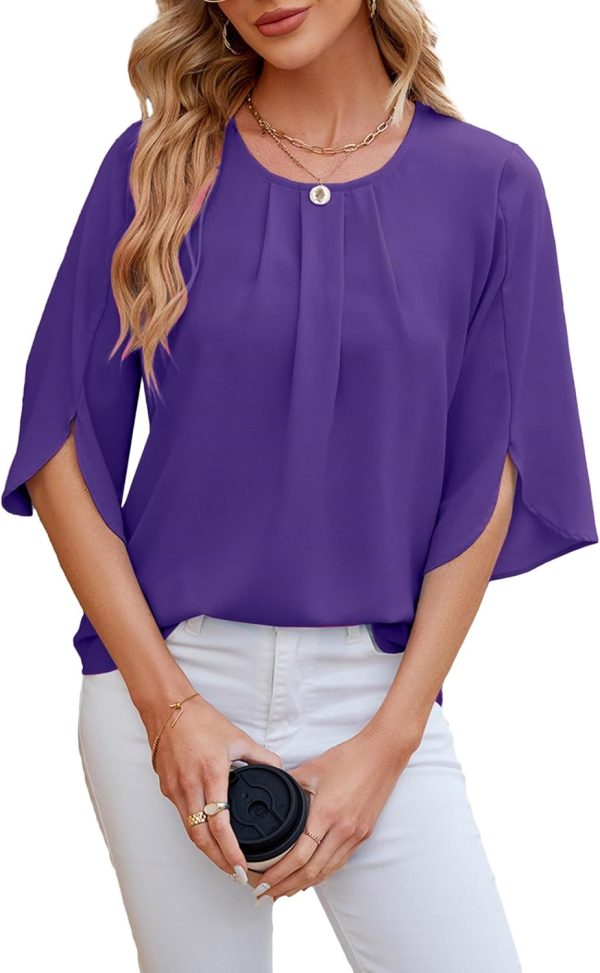Women's Chiffon Blouse 3/4 Sleeve Crew Neck Loose Tops Casual Blouses Shirt