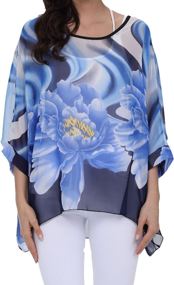 Women Chiffon Blouse Floral Batwing Sleeve Beach Cover Loose Tunic Shirt Tops