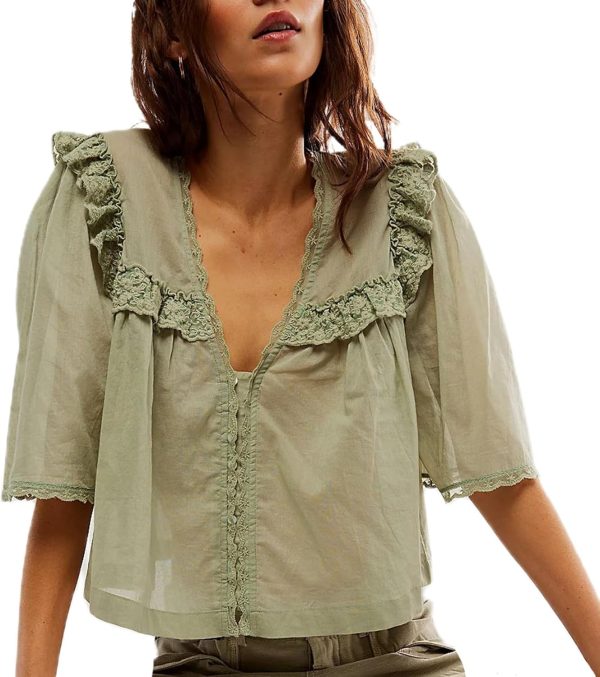 Women's Sexy Low Cut Chiffon Shirt  3/4 Sleeve V Neck Sheer Button Down Blouse Cute Ruffle Lace Trim Top