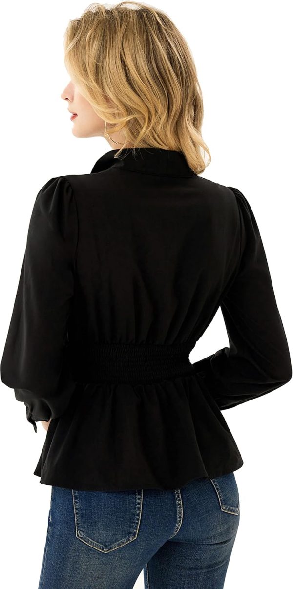 Women's Long Sleeve Peplum Dressy Shirt Office Bow Tie Work Blouses Tops Smocked Waist