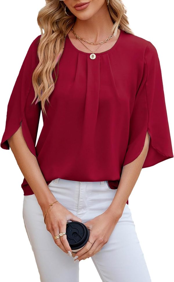 Women's Chiffon Blouse 3/4 Sleeve Crew Neck Loose Tops Casual Blouses Shirt
