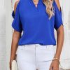Women's Cold Shoulder Tops Summer Fashion Short Sleeve V Neck Casual Loose Solid Color Blouse Shirts