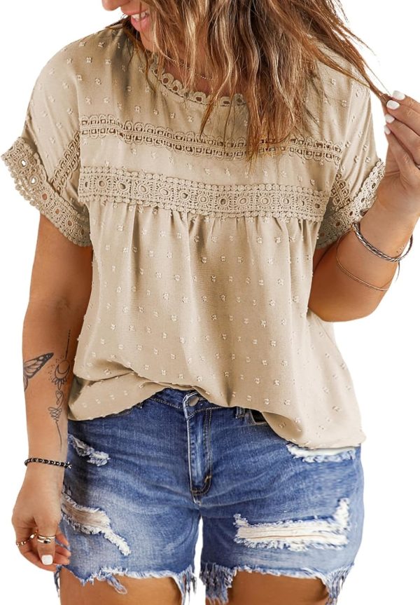 Women Plus Size Tops Crewneck Short Sleeve Lace Crochet Loose Casual Summer Blouses Shirts(1X-5X)