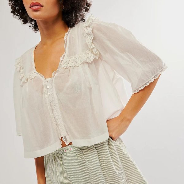 Women's Sexy Low Cut Chiffon Shirt  3/4 Sleeve V Neck Sheer Button Down Blouse Cute Ruffle Lace Trim Top
