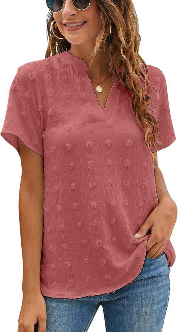 Womens White Chiffon Blouses Short Sleeve V Neck Shirts Summer Casual Polka Dot Tops