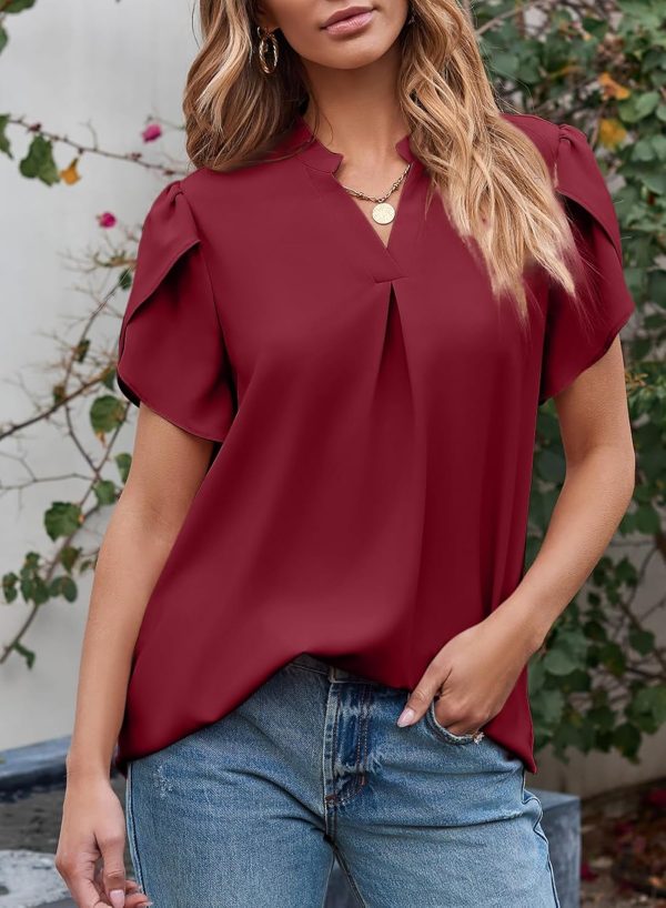 Women's Dressy Casual Business Work Chiffon Blouses Tops Summer V Neck Cute Loose Petal Short Sleeve T-Shirts