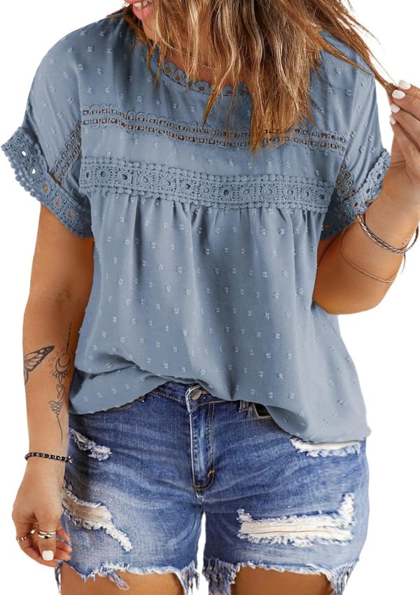 Women Plus Size Tops Crewneck Short Sleeve Lace Crochet Loose Casual Summer Blouses Shirts(1X-5X)