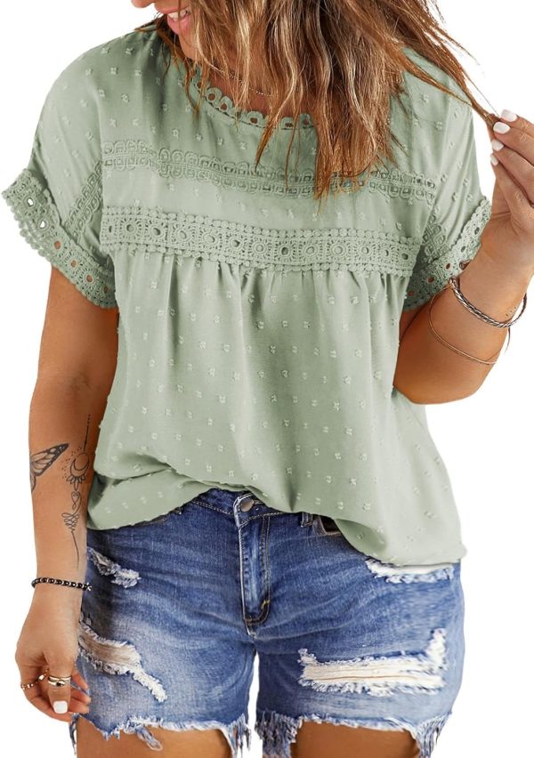 Women Plus Size Tops Crewneck Short Sleeve Lace Crochet Loose Casual Summer Blouses Shirts(1X-5X)