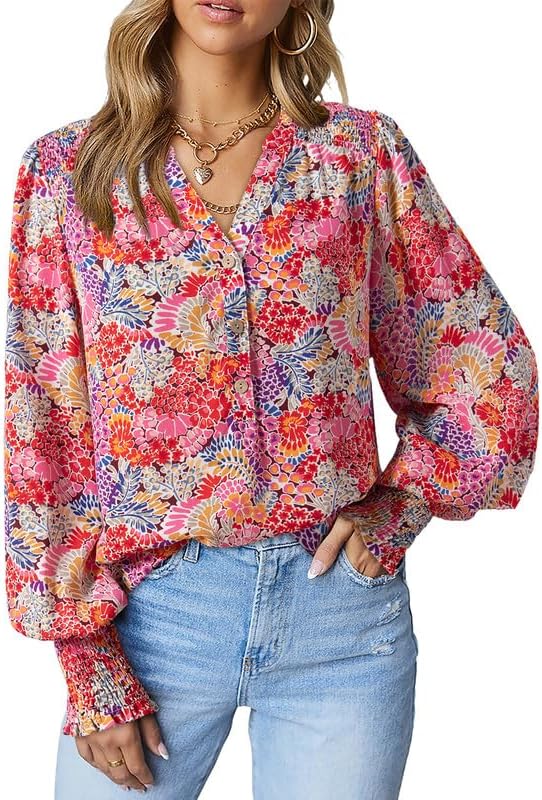 71rh6HHOEWL._AC.jpg Women's Casual V Neck Easel Floral Print Long Sleeve Blouses Smocked Button Down Shirts Bohemian Top