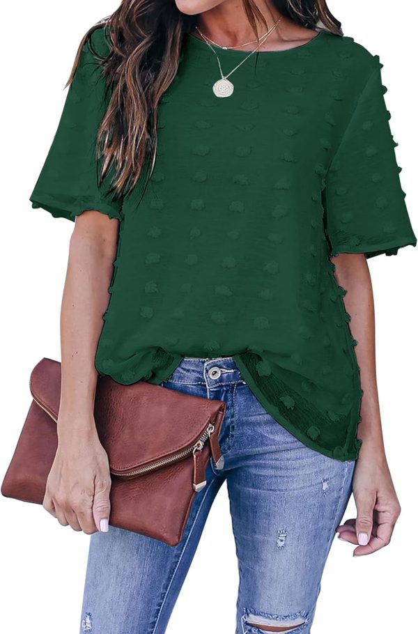 Womens Chiffon Blouse Summer Casual Round Neck Short Sleeve Pom Pom Shirts Top