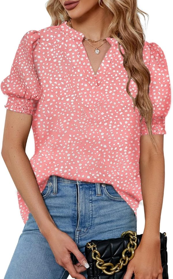 71t7TnMouQL._AC_SL1500.jpg Womens Fashion Blouses Notched V Neck Puffer Short Sleeve Shirt Polka Dot Tops Chiffon Dressy Shirts