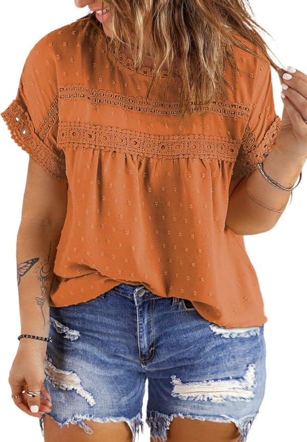 Women Plus Size Tops Crewneck Short Sleeve Lace Crochet Loose Casual Summer Blouses Shirts(1X-5X)