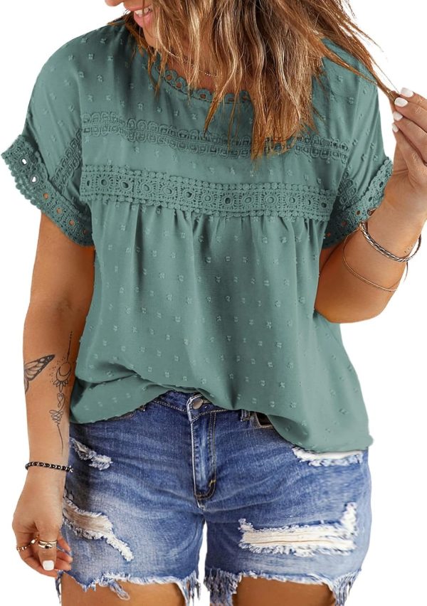 Women Plus Size Tops Crewneck Short Sleeve Lace Crochet Loose Casual Summer Blouses Shirts(1X-5X)