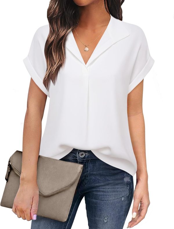 Women's Short Sleeve Chiffon Blouses for Office Work Business Attire Collared Shirts
