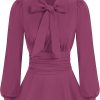 Women's Long Sleeve Peplum Dressy Shirt Office Bow Tie Work Blouses Tops Smocked Waist