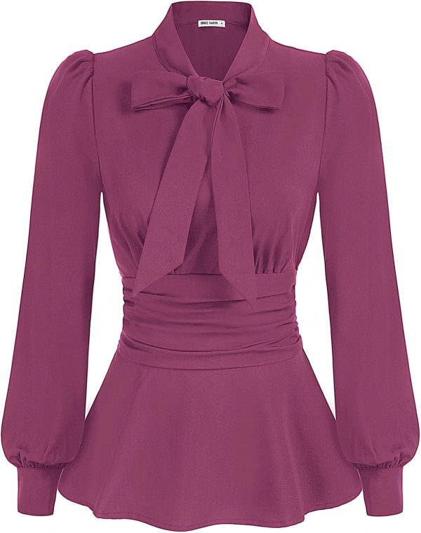 Women's Long Sleeve Peplum Dressy Shirt Office Bow Tie Work Blouses Tops Smocked Waist
